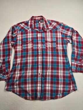 Karman Red & Blue Plaid Western Pearl Snap Button Shirt X-Large